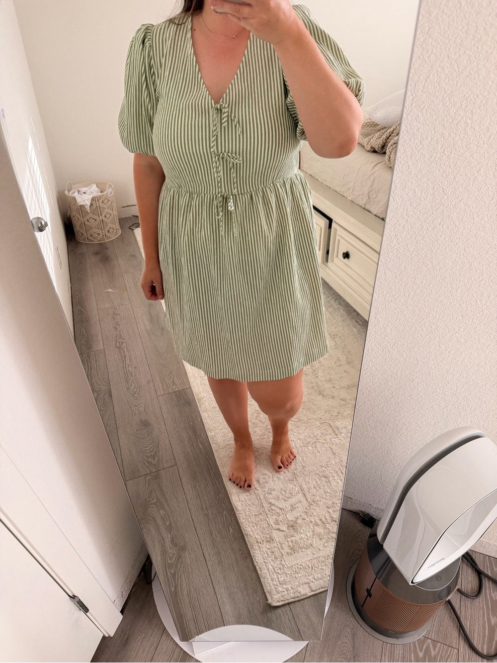 Chenault Sage Green Striped Puff Sleeve Dress